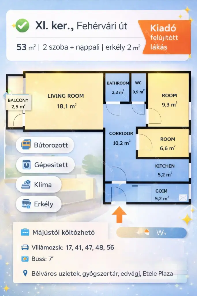Kiadó albérlet 300000 Ft/hó áron: Budapest, XI. kerület  Fehérvári út. Mérete: 53 nm, 3 szobás | Alberlet.hu - 6694612